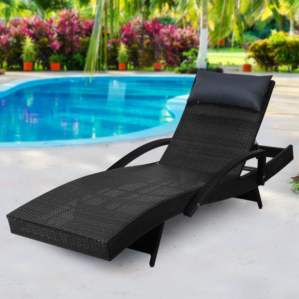 Silsden Outdoor Sun Lounge Wicker with Armrest Chair and Pillow - Black - Nurns