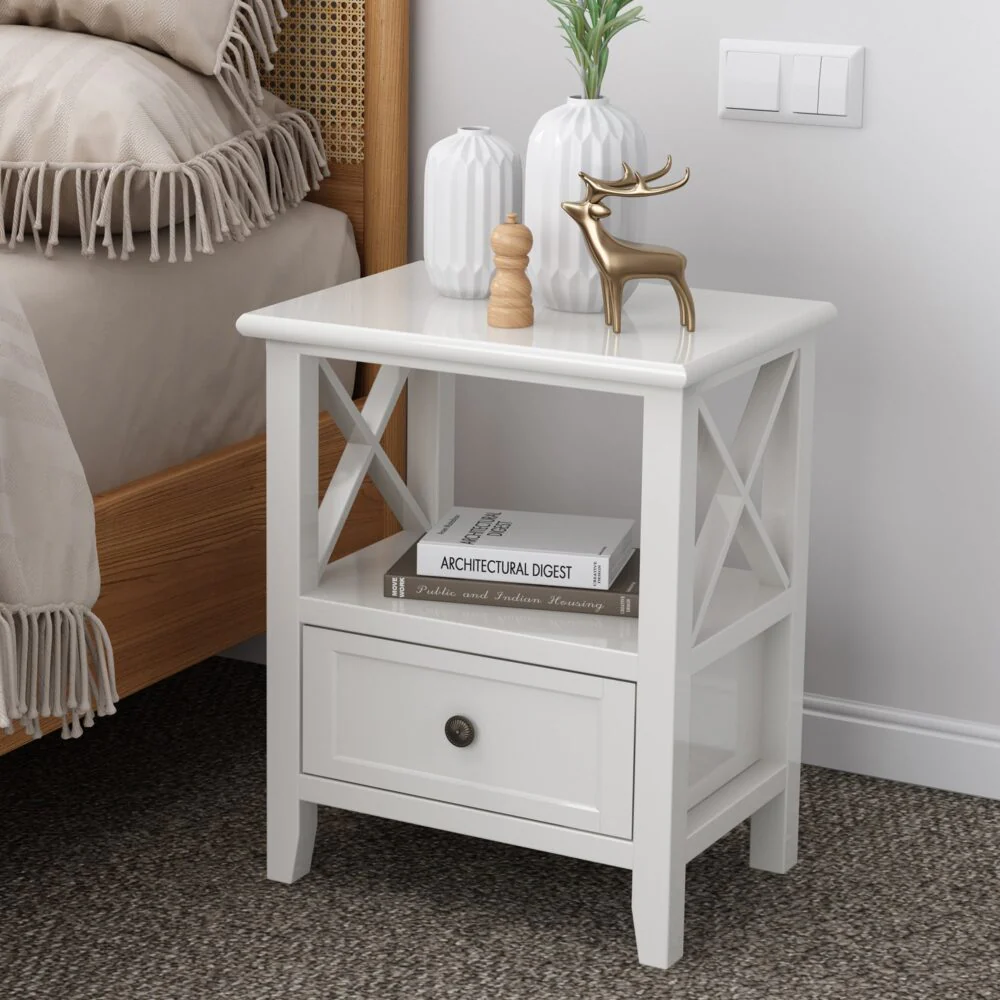 Set of 2 Brandon Wooden Bedside Tables - Rustic White - Nurns