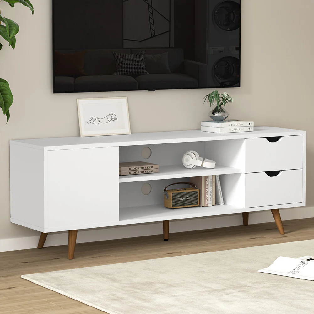 Quinby 120cm TV Cabinet Entertainment Unit Stand Wooden Scandinavian - White - Nurns