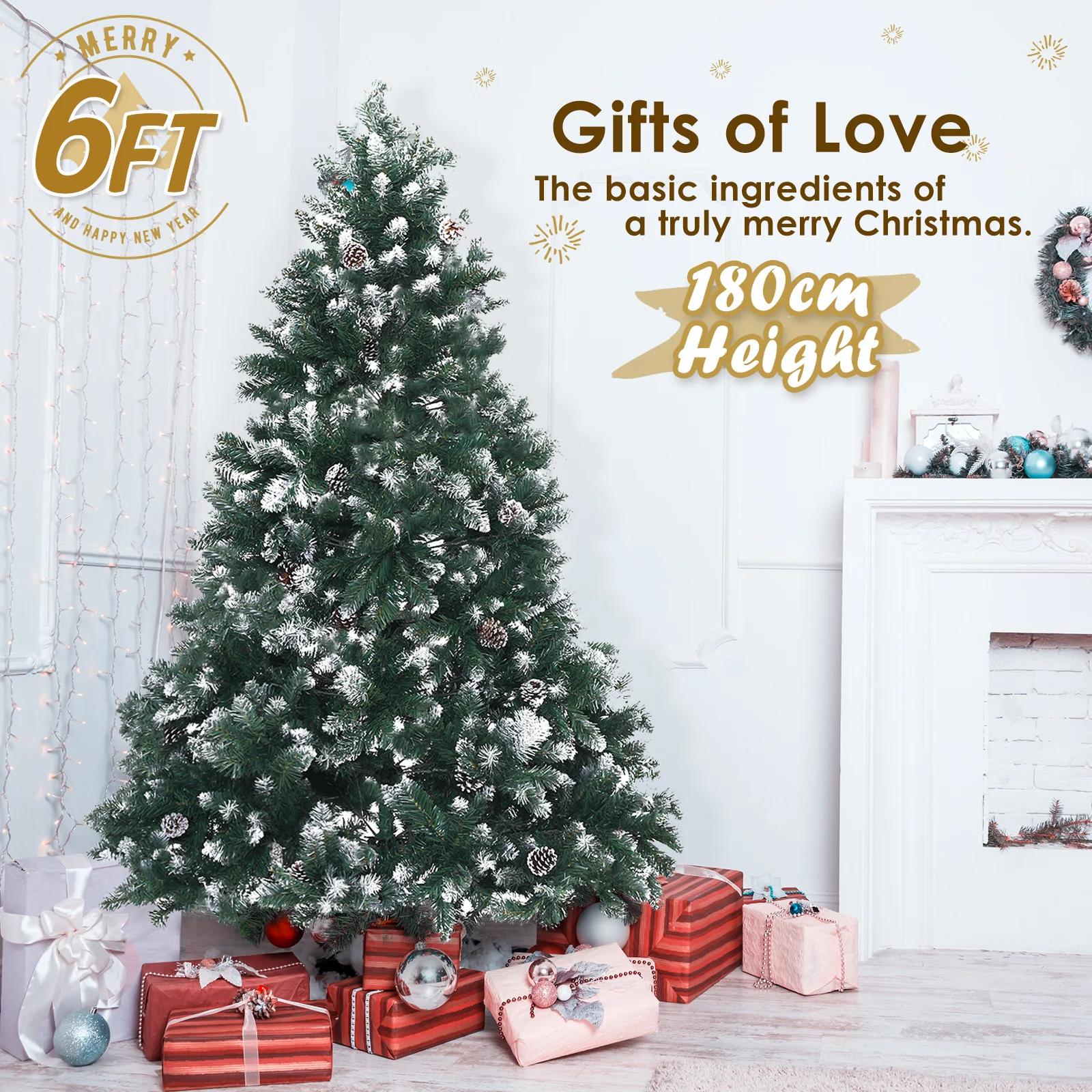 5ft 1.5m 930 Tips Snowy Christmas Tree Xmas Pine Cones + Bauble Balls Green - Nurns