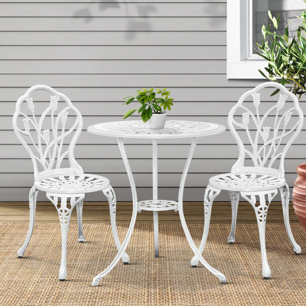 Ciaran 2-Seater Cast Aluminium Table Chair Patio 3-Piece Outdoor Setting - White - Nurns