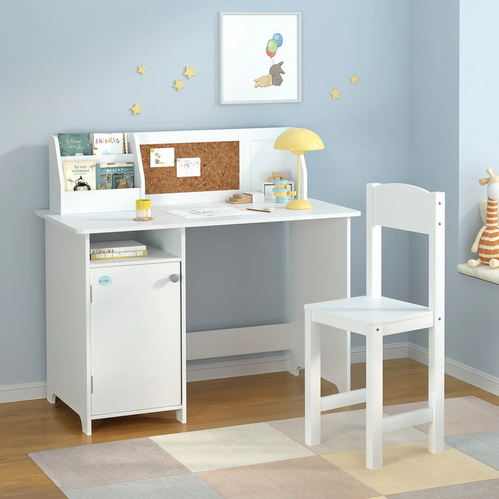 Pebie 2-Piece Kids Table & Chairs Set Children Study Play Toys Desk with Cabinet Storage - White - Nurns