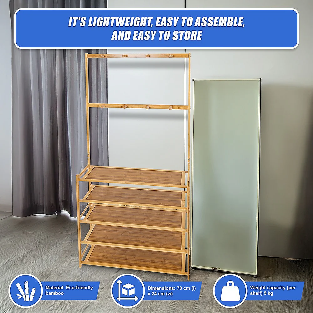 Large Wooden 5 Tiers Hat Coat Stand Clothes Shoe Rack Hanger Hooks Shelf Storage - Nurns