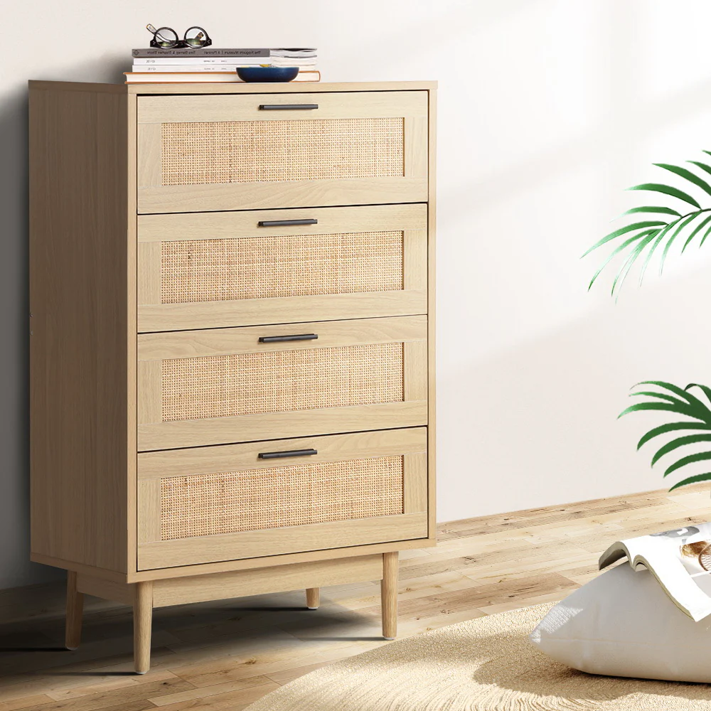 Artiss 4 Chest of Drawers Rattan Tallboy - Pine - Nurns