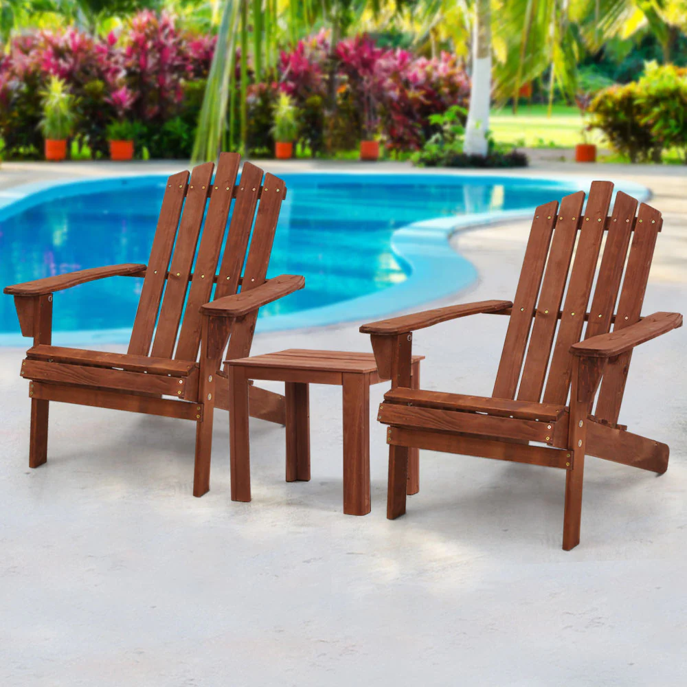 Adirondack Gardeon 3PC Outdoor Table and Chairs Wooden Beach Chair Brown - Nurns