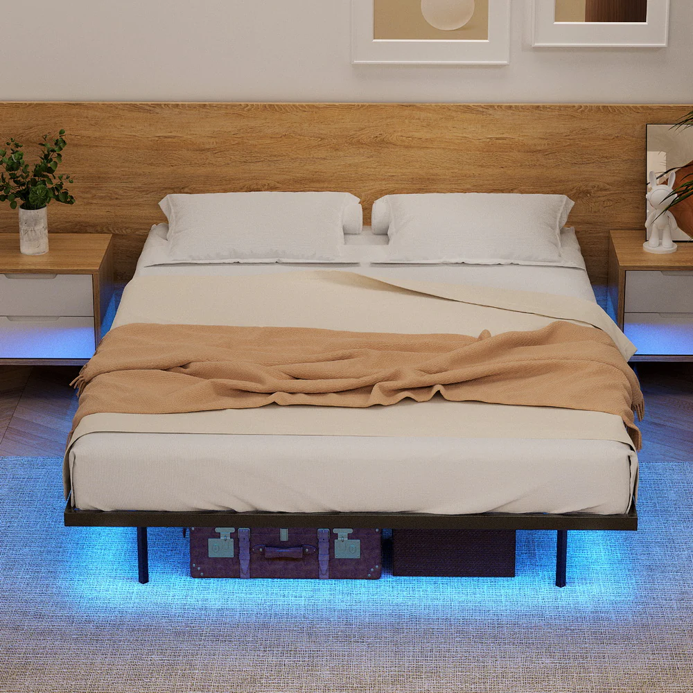 Monaco Metal Platform Bed Base with Smart LED Lights Floating Effect - Black Queen - Nurns