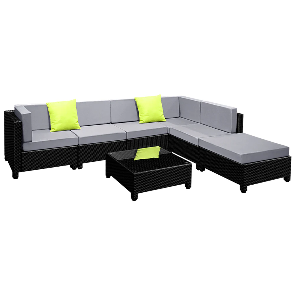 Homer 6-Seater Outdoor Set Furniture Lounge Setting Wicker Couches Garden Patio Pool 7-Piece Sofa - Black - Nurns