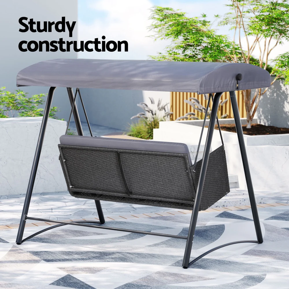 Rattan Swing Chair with Canopy Outdoor Garden Bench 3 Seater Grey - Nurns