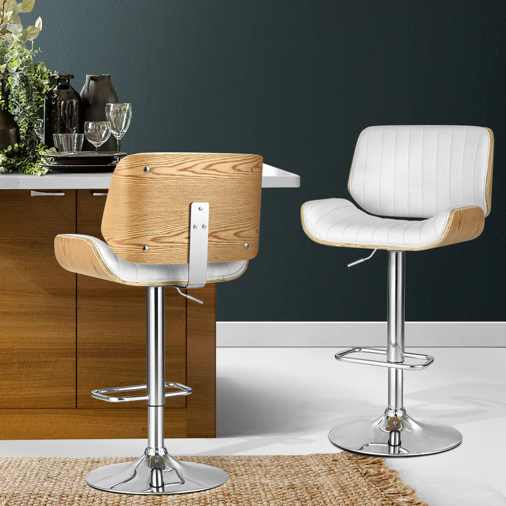 Set of 2 Preston Bar Stools Adjustable Leather Chairs - White - Nurns