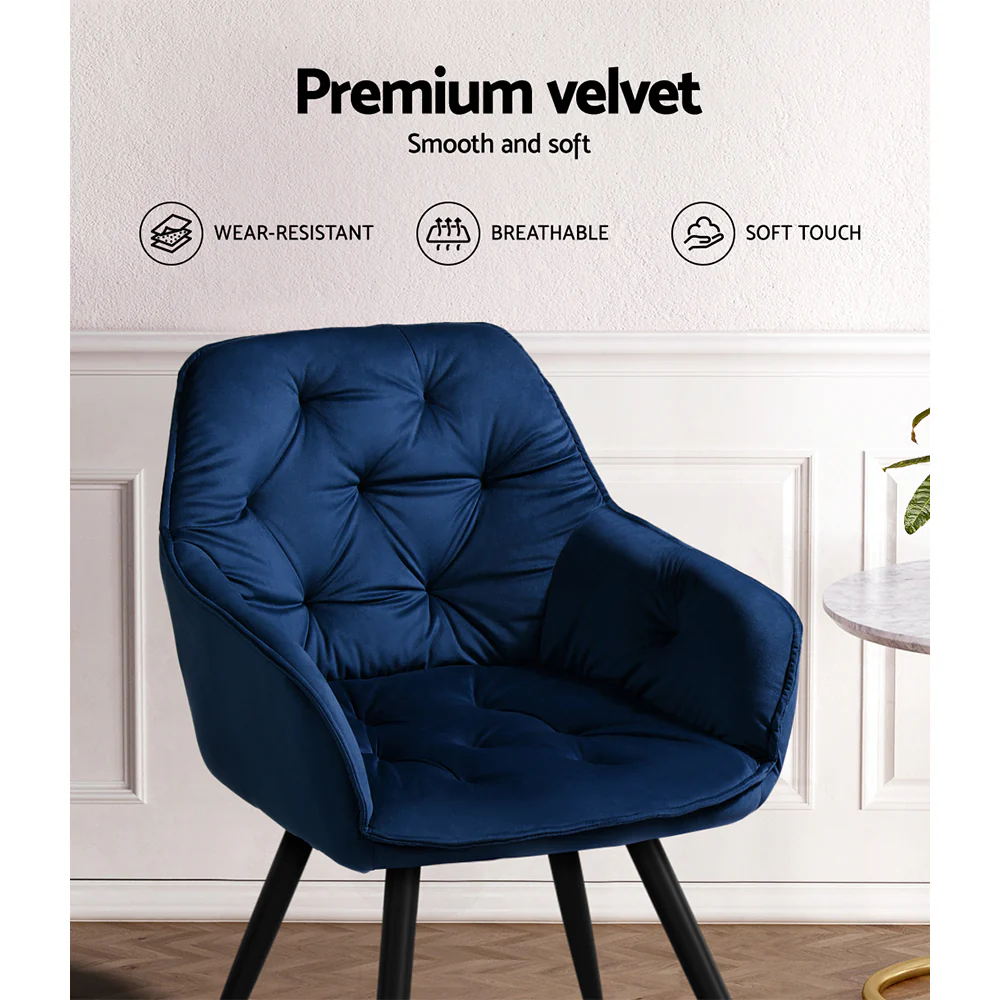 Everly Set of 2 Dining Chairs Velvet Diamond Tufted Armchair - Blue - Nurns