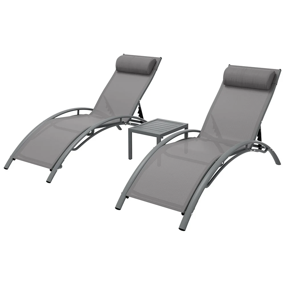 Graysen 3-Piece Sun Lounge Outdoor Lounger Steel Table Chairs Patio Furniture - Grey - Nurns