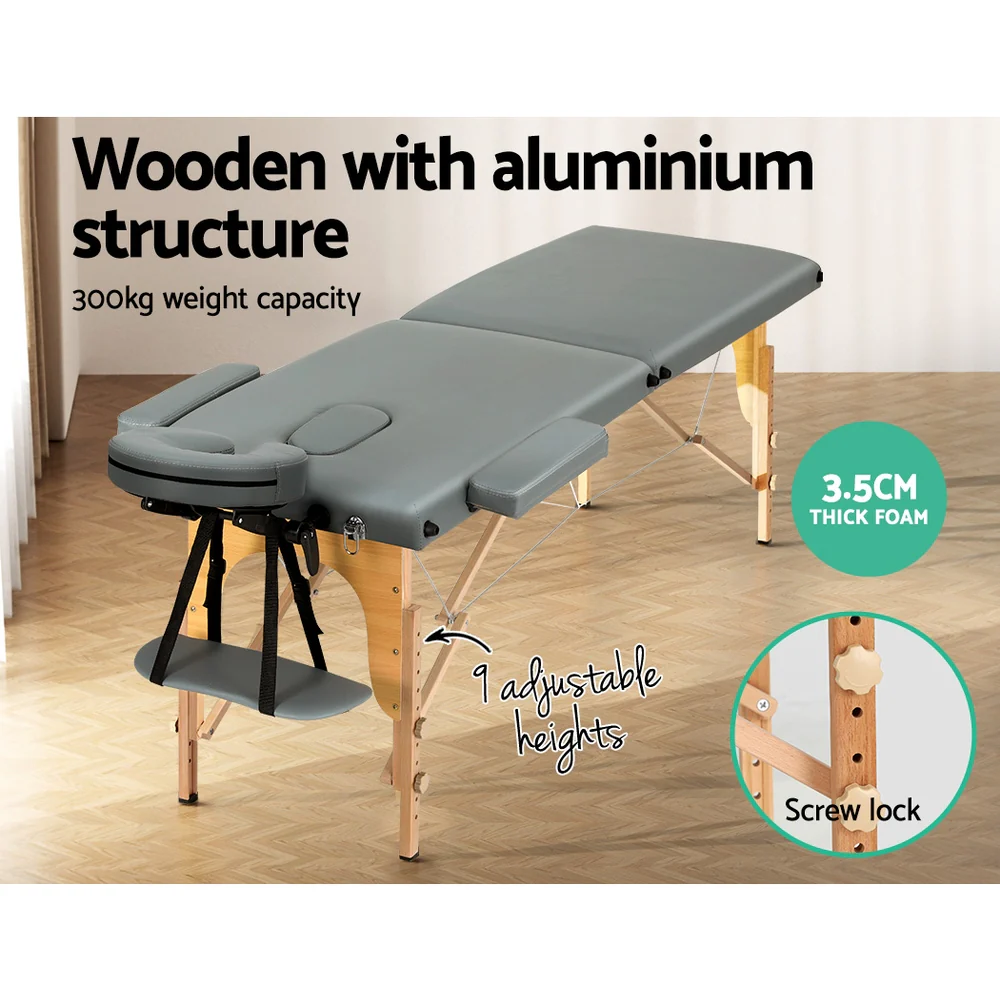 Massage Table 56cm Portable 2 Fold Wooden Beauty Bed Grey - Nurns