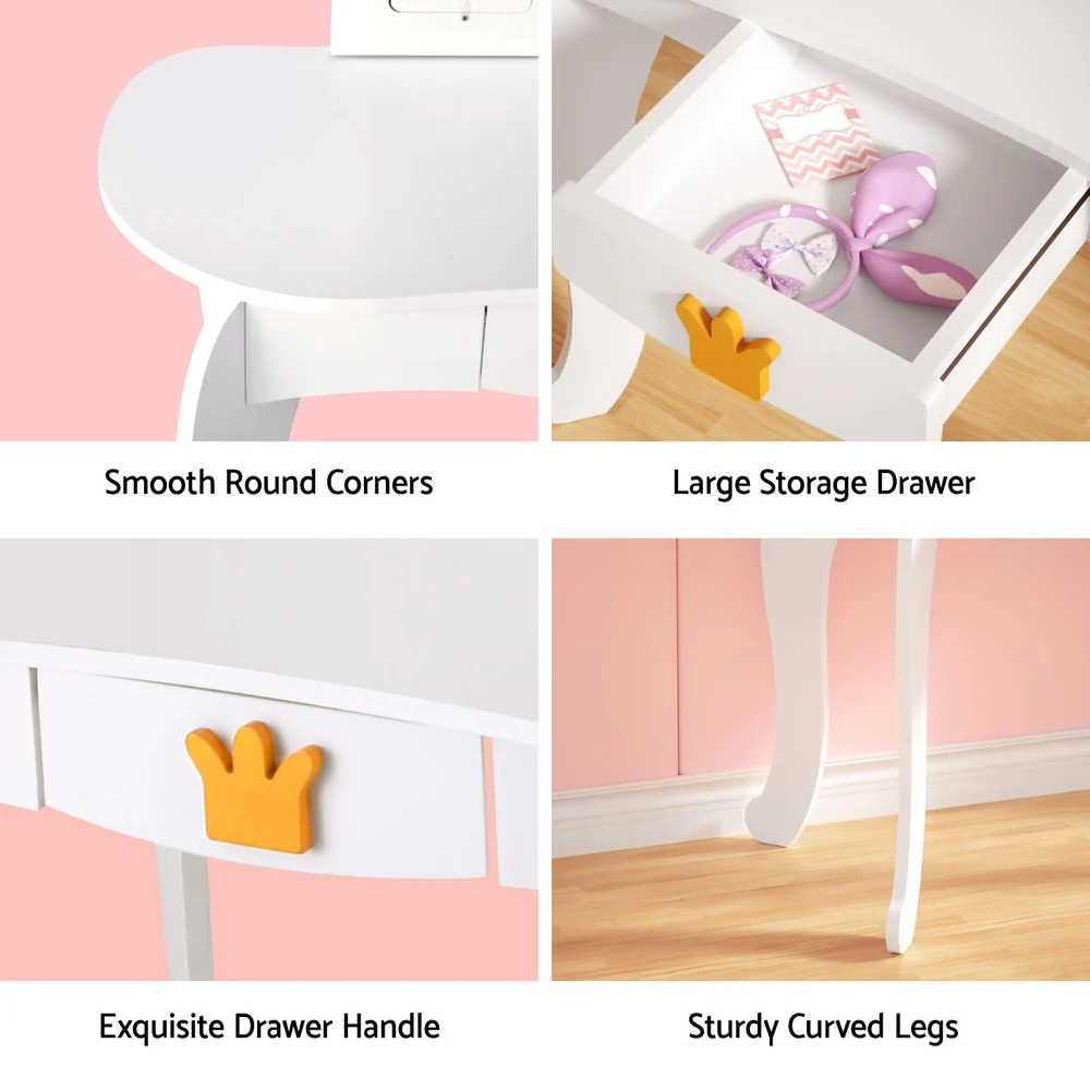 Kids Dressing Table Vanity Makeup Chair Set Wooden 3 Mirror Drawer - White - Nurns