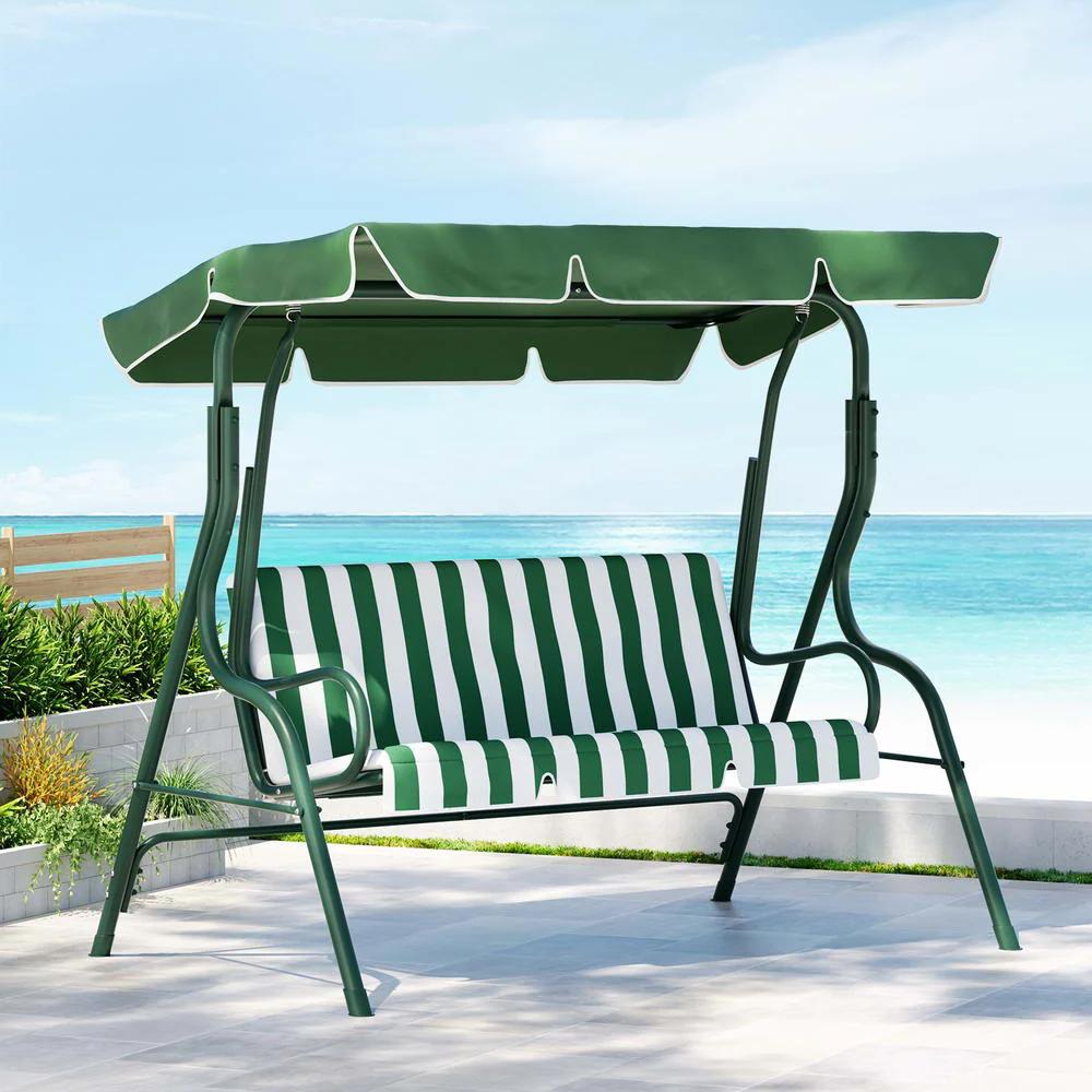 Astride Outdoor Swing Chair Garden Bench Furniture Canopy 3-Seater - White Green - Nurns