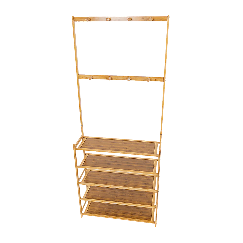 Large Wooden 5 Tiers Hat Coat Stand Clothes Shoe Rack Hanger Hooks Shelf Storage - Nurns