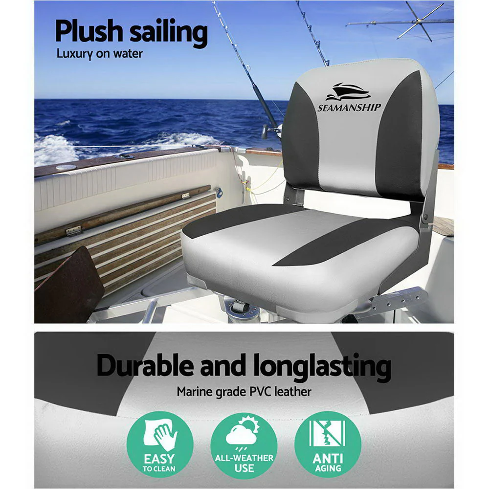 Set of 2 Folding Boat Seats Marine Swivel Low Back 13cm Padding Charcoal - Nurns