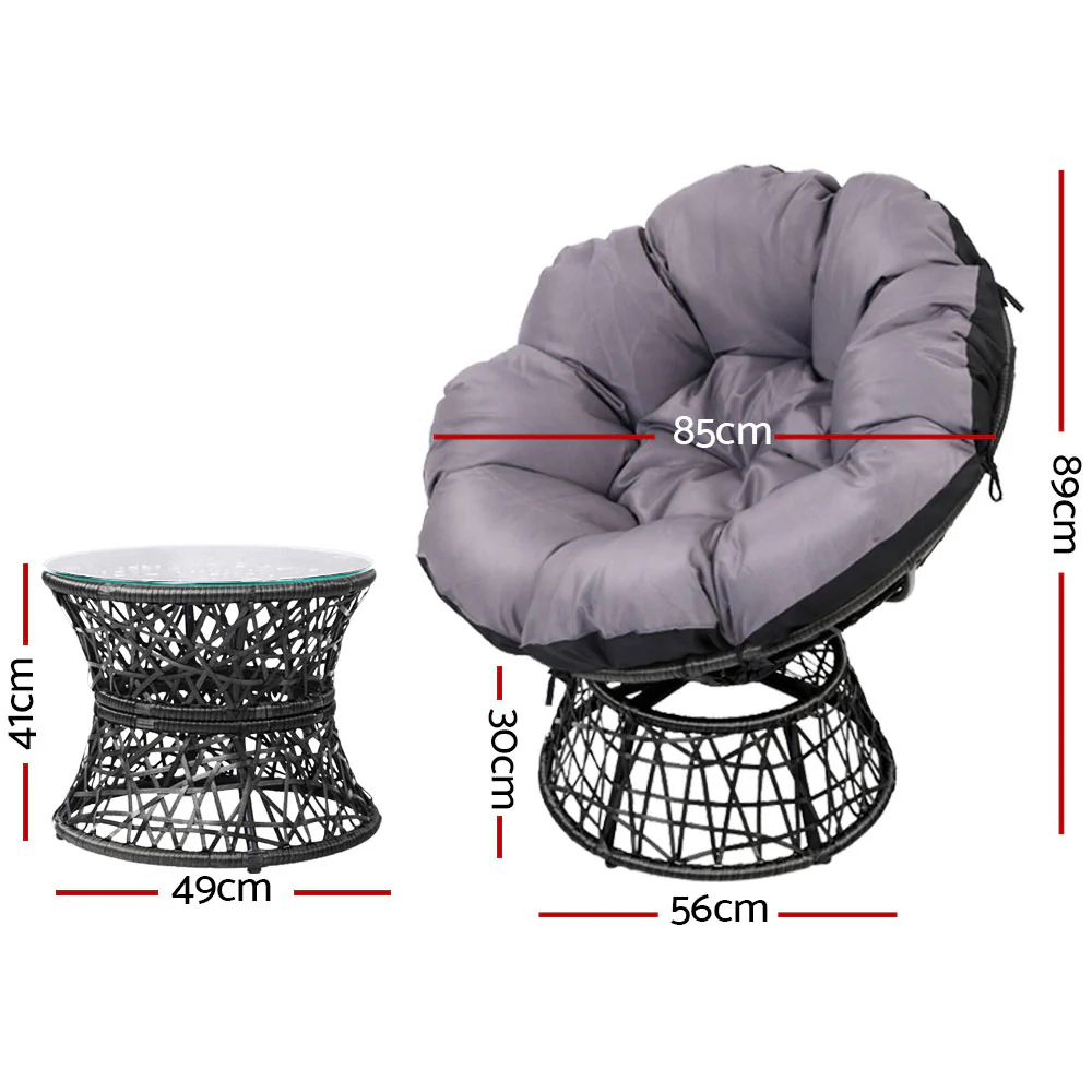 Outdoor Lounge Setting Papasan Chair Wicker Table Garden Furniture - Black - Nurns