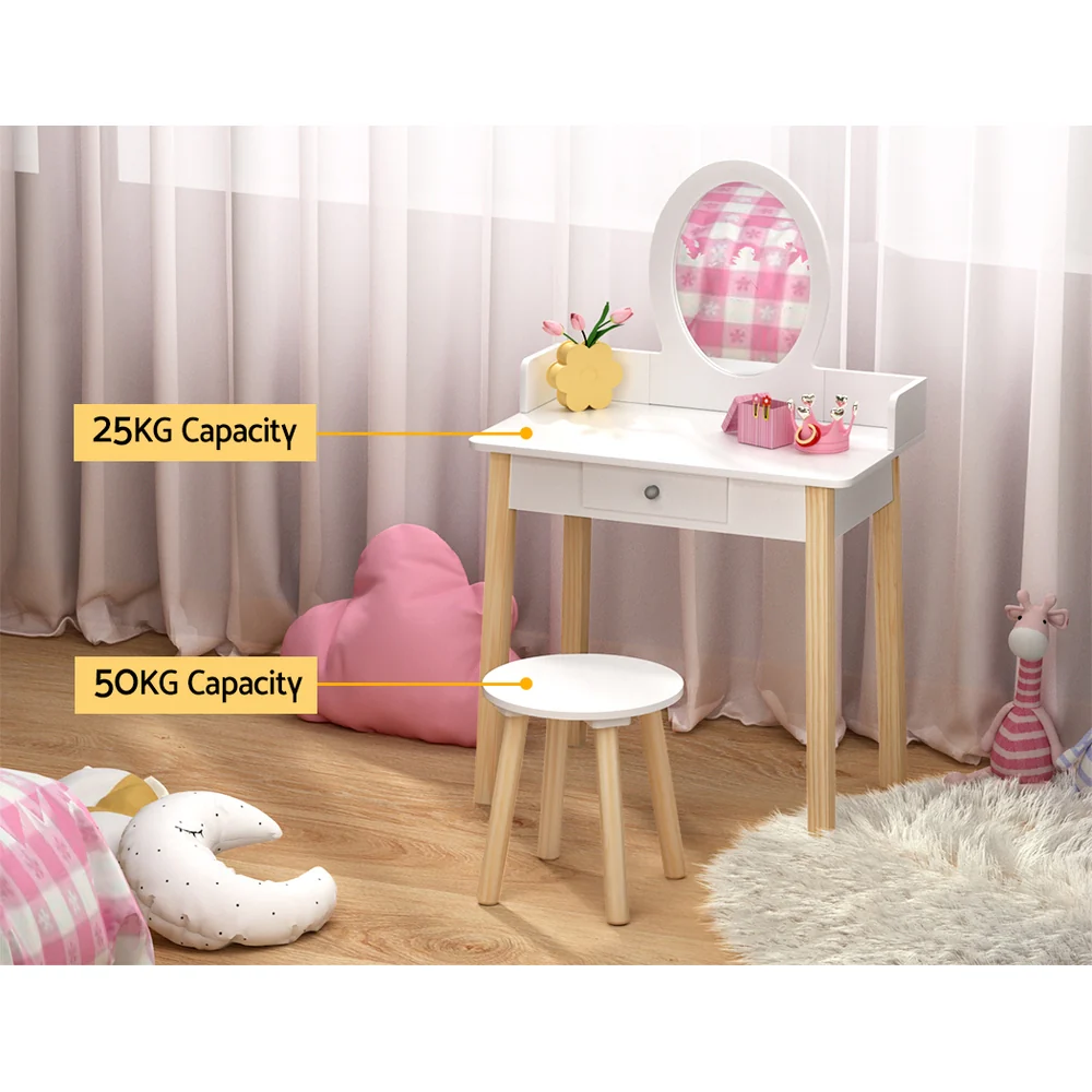 Kids Dressing Table Chair Set Wooden Leg Vanity Makeup Drawer Mirror - Nurns