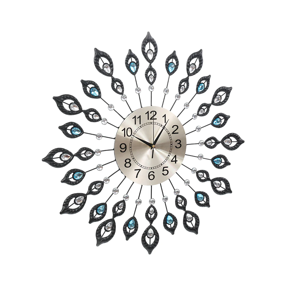 60CM Peacock Wall Clock Large 3D Modern Crystal Luxury Round Wall Clocks Home Decor Black - Nurns