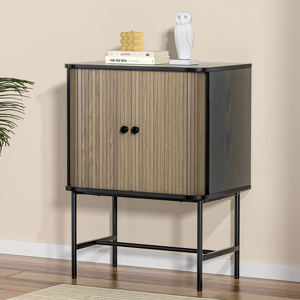 Varian Wooden Buffet Sideboard Cupboard Cabinet Sliding Doors Pantry Storage - Wood & Black - Nurns