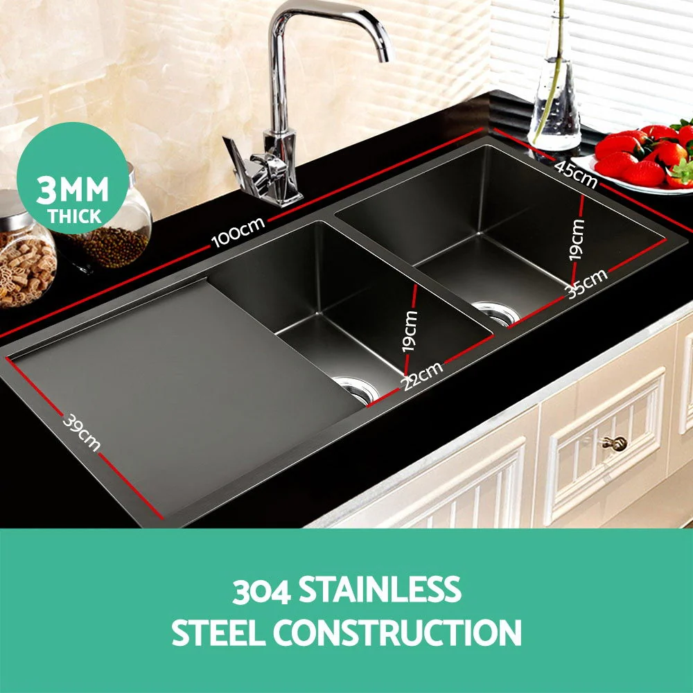 Cefito Kitchen Sink 100X45cm Stainless Steel Basin Double Bowl Black - Nurns