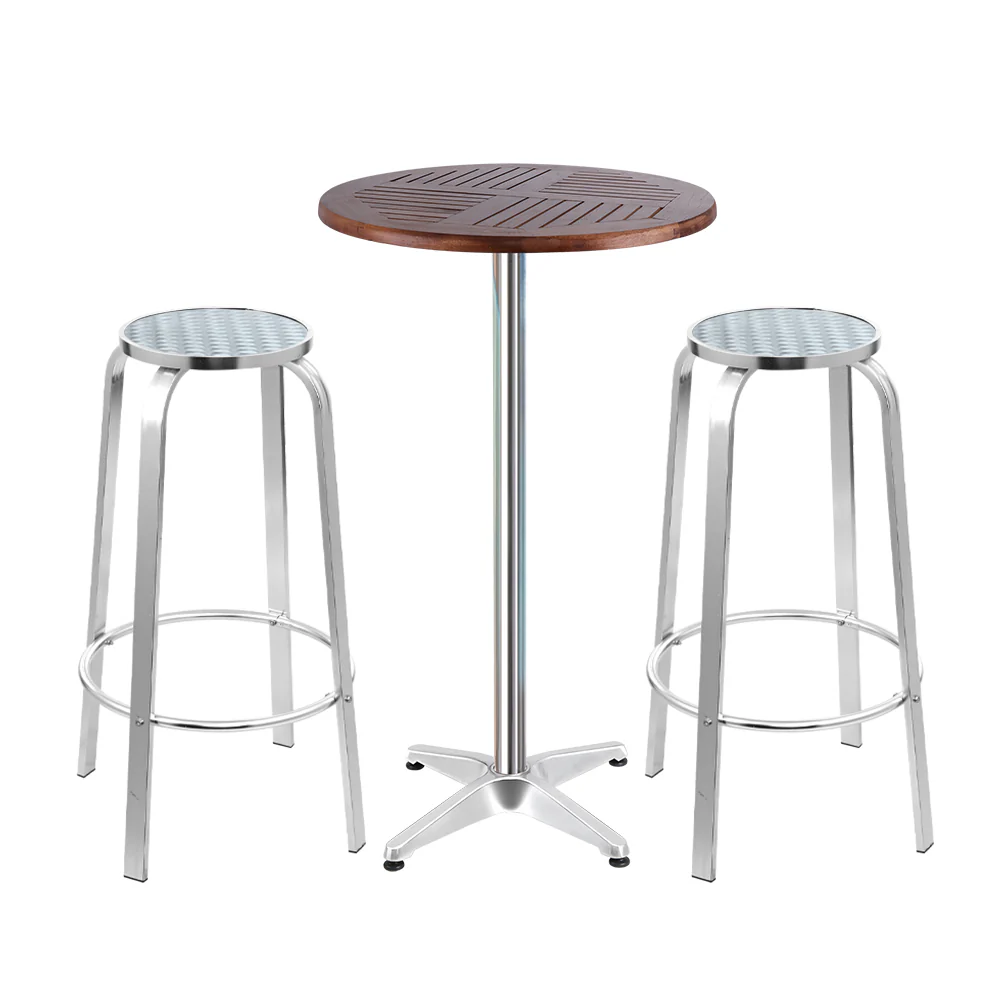 Xander 2-Seater Bar Table Stools Adjustable Aluminium Cafe Wood 3-Piece Outdoor Bistro Set - Silver - Nurns