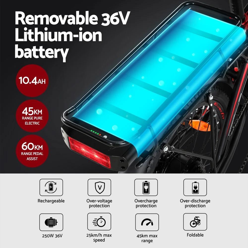Everfit Folding Electric Bike Urban City Bicycle eBike Rechargeable Battery 250W - Nurns