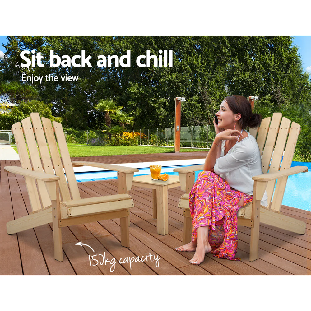 Adirondack Gardeon 3PC Outdoor Table and Chairs Wooden Beach Chair Natural - Nurns