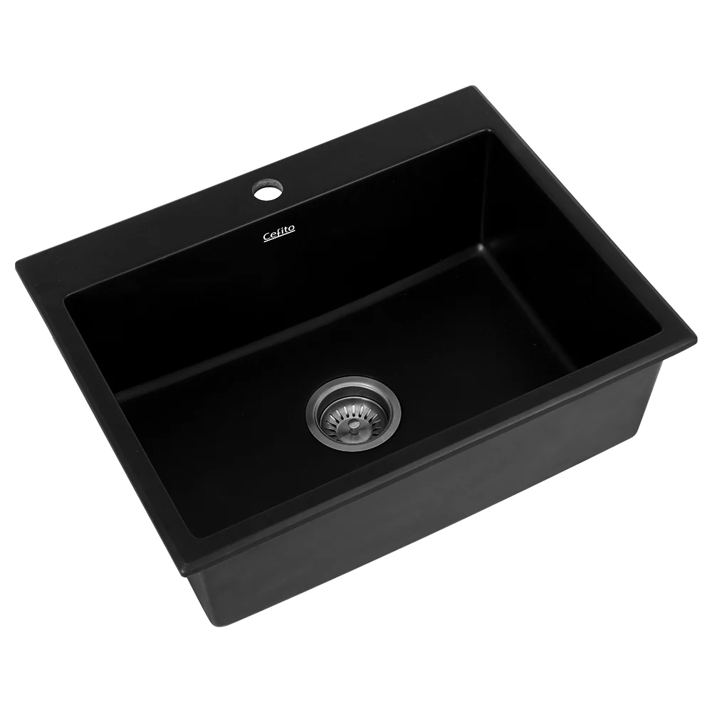Kitchen Sink Granite Stone Sinks Basin Single Bowl Black 600mmx470mm - Nurns