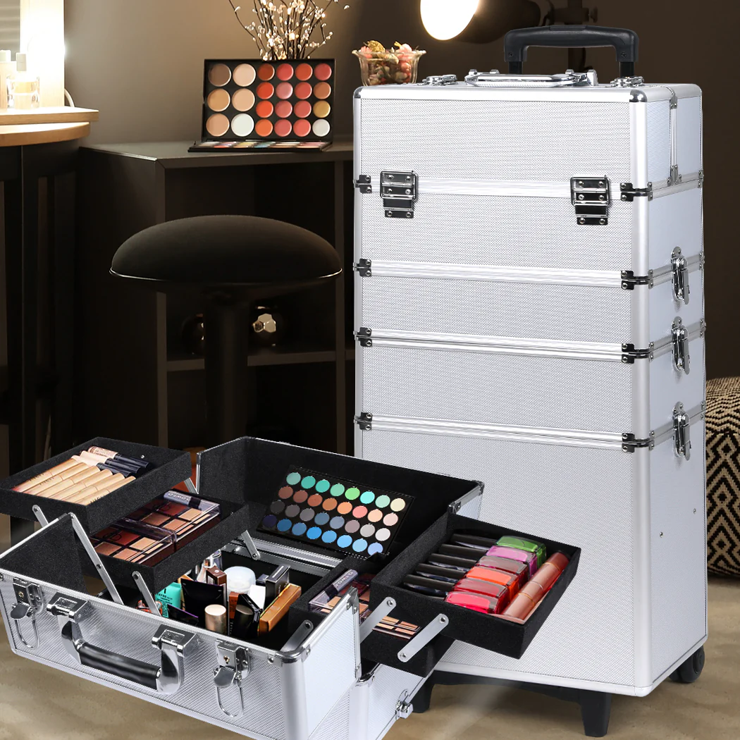 Makeup Case Professional Makeup Organiser 7 In 1 Trolley Silver - Nurns