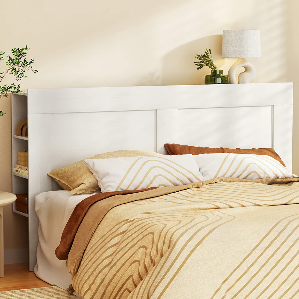 Bed Head With Shelves Headboard Bedhead Base - White King - Nurns