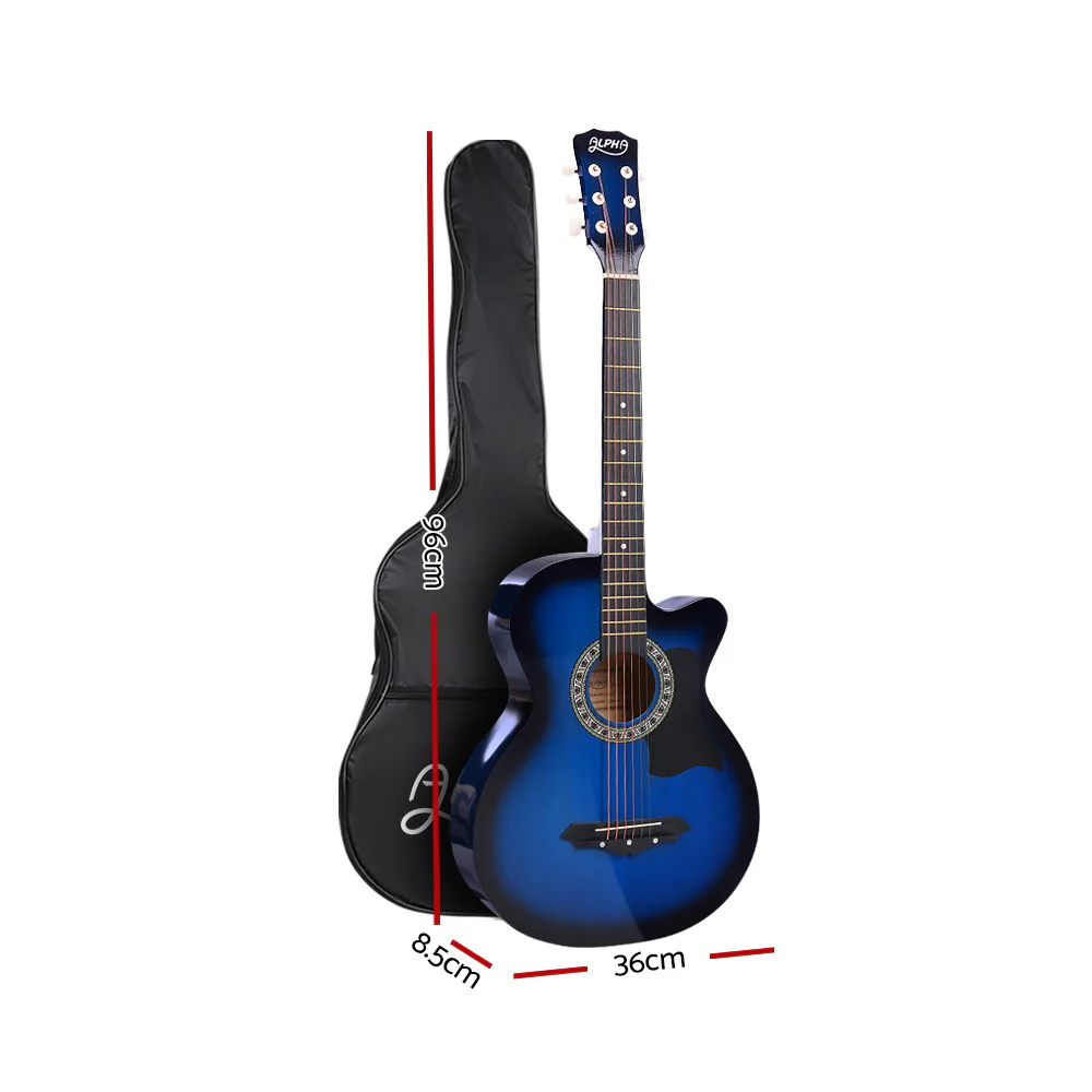 Alpha 38 Inch Acoustic Guitar Wooden Body Steel String Full Size Cutaway Blue - Nurns