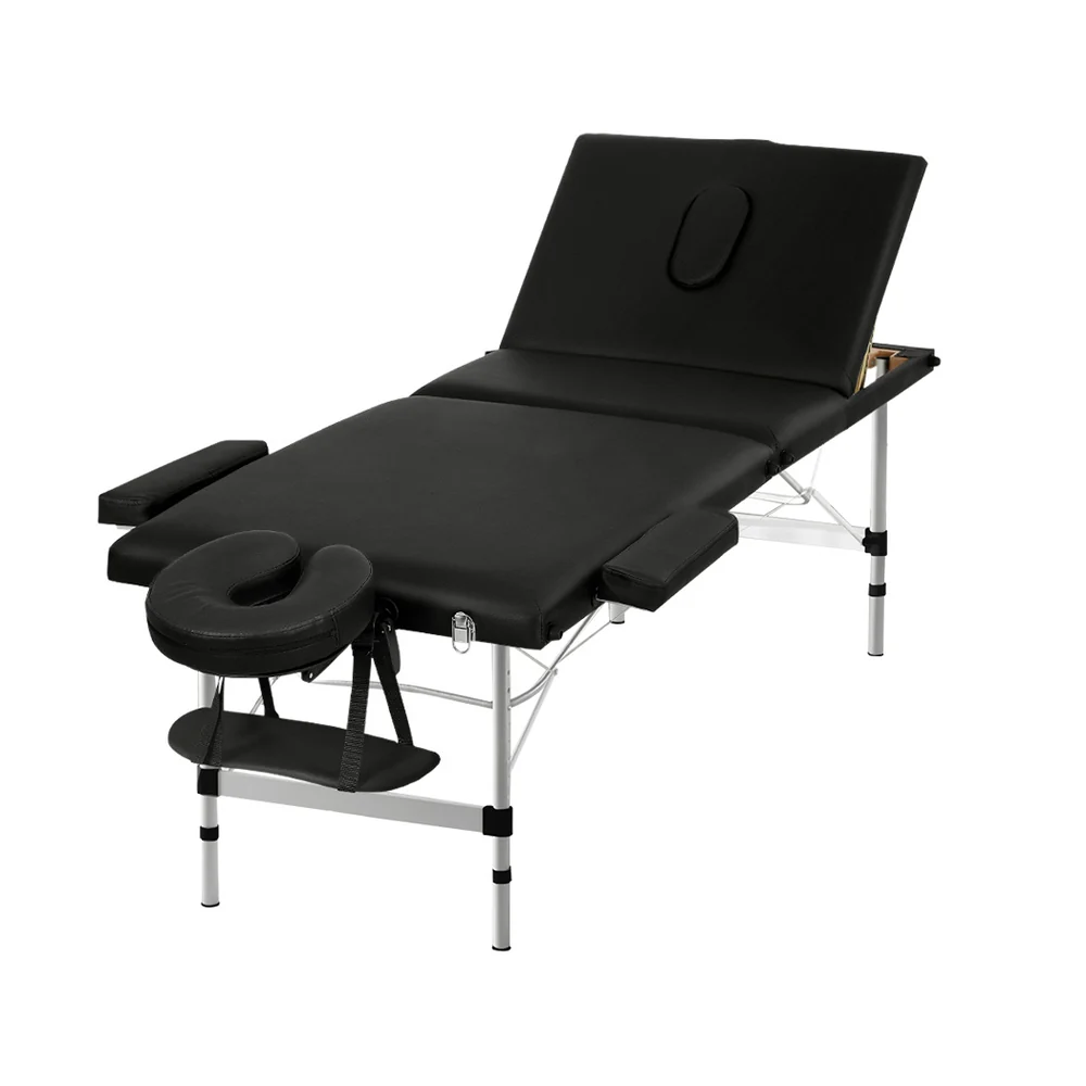 Massage Table 65cm Portable 3 Fold Aluminium Beauty Bed - Black - Nurns