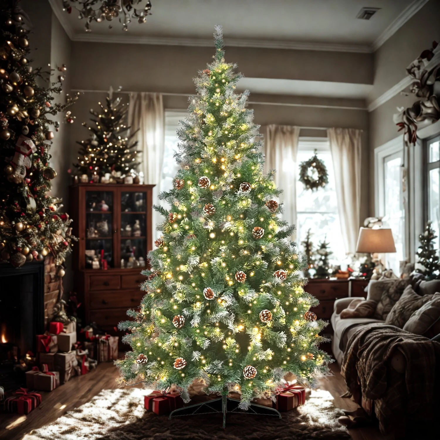 9ft 2.7m 270 Tips Pre Lit Christmas Tree Decor with Pine Cones Xmas Decorations - Nurns