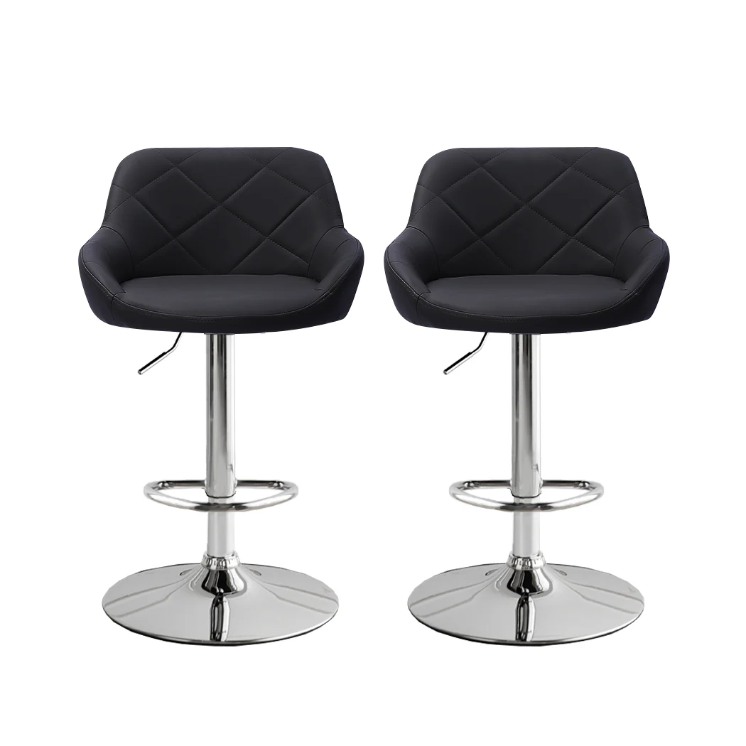 Set of 2 Tours Bar Stools Kitchen Barstools PU Leather Chairs Gas Lift Swivel - Black - Nurns