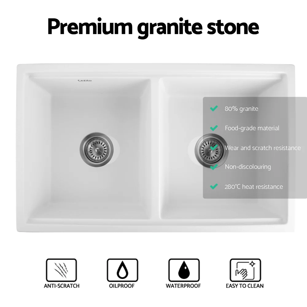 Kitchen Sink Stone Sink Granite Laundry Basin Double Bowl 79cmx46cm - White - Nurns