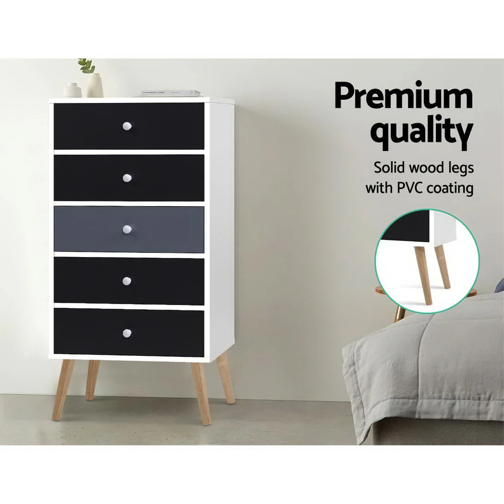 Artiss 5 Chest of Drawers - White & Black - Nurns