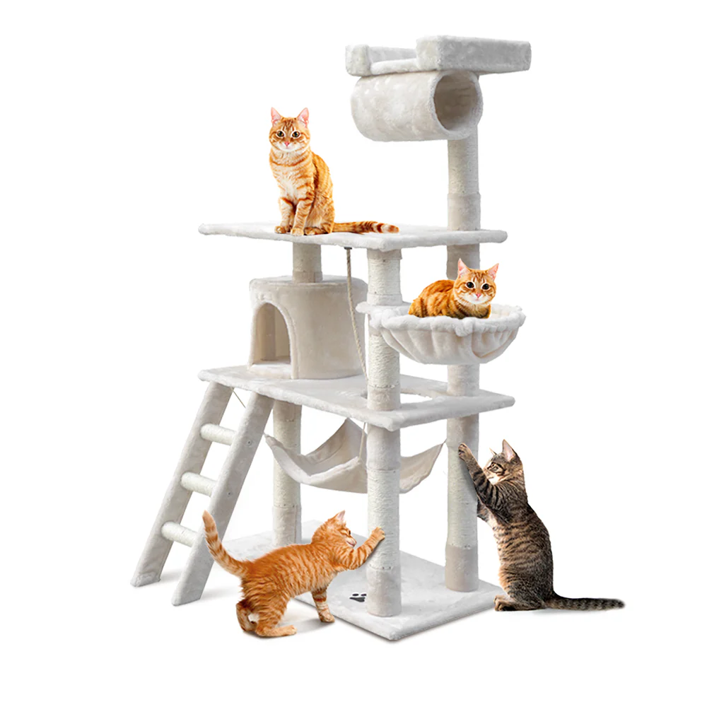 Cat Tree 141cm Trees Scratching Post Scratcher Tower Condo House Furniture Wood - Beige - Nurns