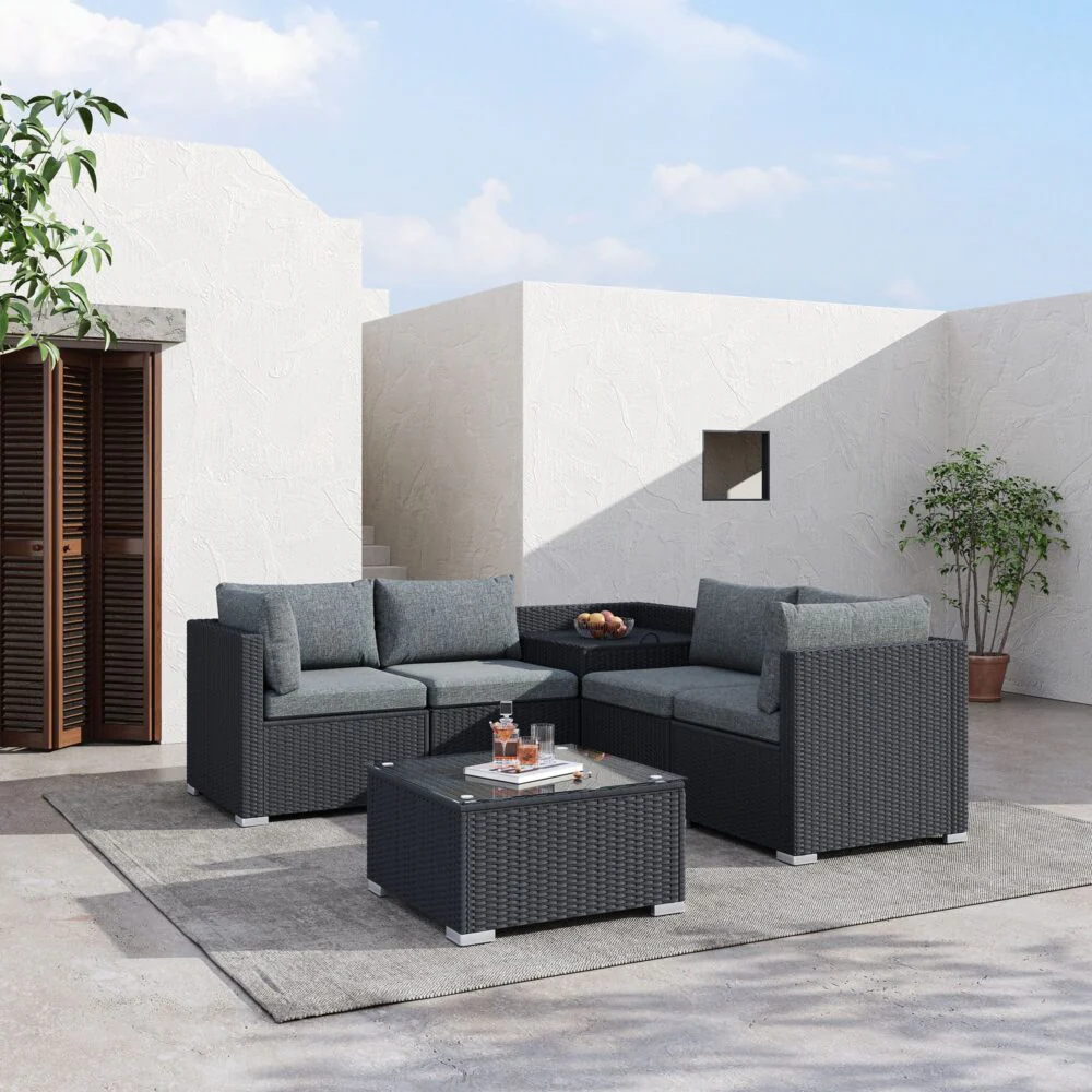 Robyn 5-Seater Modular Lounge Sofa 6-Piece Outdoor Sofa - Black - Nurns
