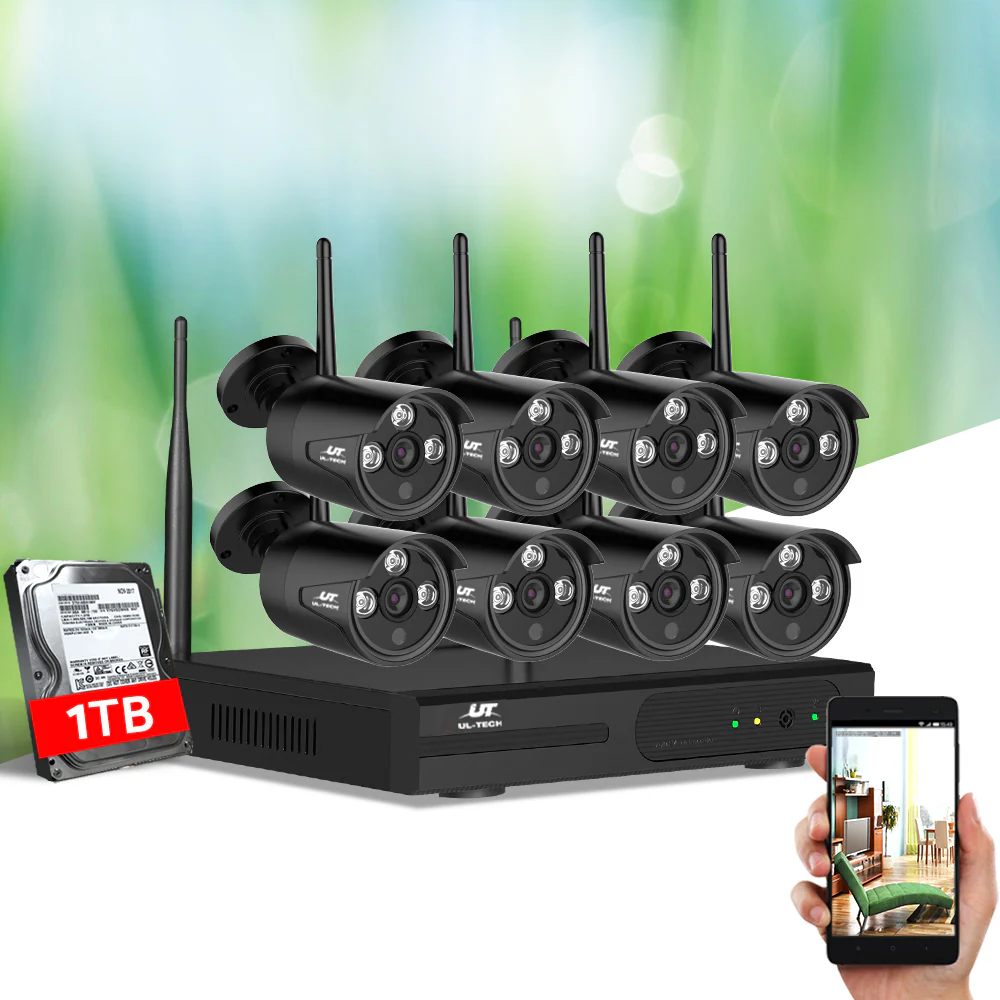 Wireless CCTV Security System 8CH NVR 3MP 8 Bullet Cameras 1TB - Nurns
