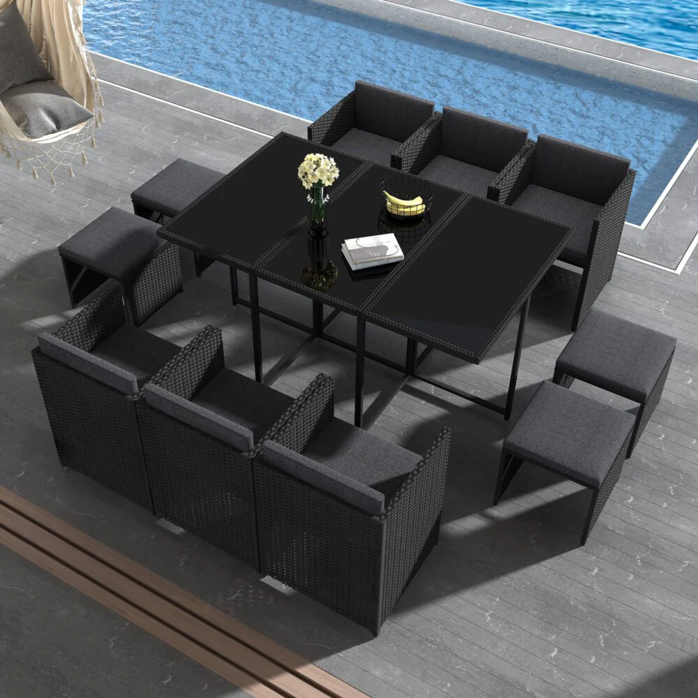 Drew 10-Seater Outdoor Furniture Setting 11-Piece Dining Set - Black - Nurns