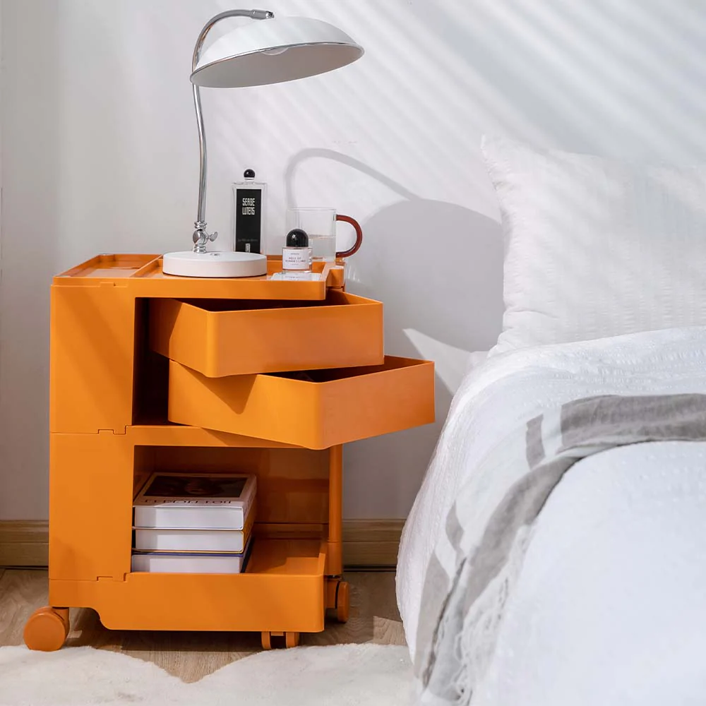 Vernon PP Plastic Bedside Tables Side Tables Nightstand Organizer Replica Boby Trolley 3 Tier with 2 Drawers - Orange - Nurns
