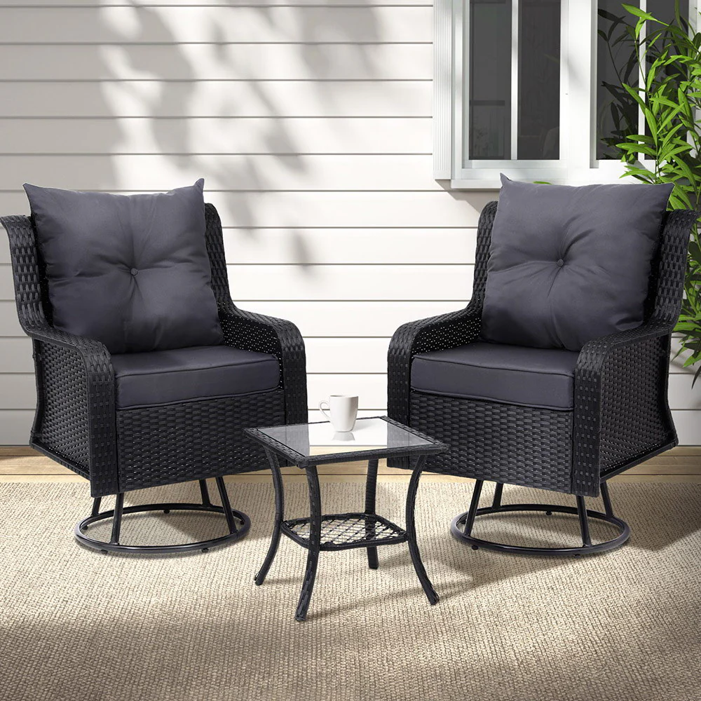 Cinzia Outdoor Furniture Lounge Wicker Swivel Chairs Table Cushion 3-Piece Outdoor Bistro Set - Black - Nurns