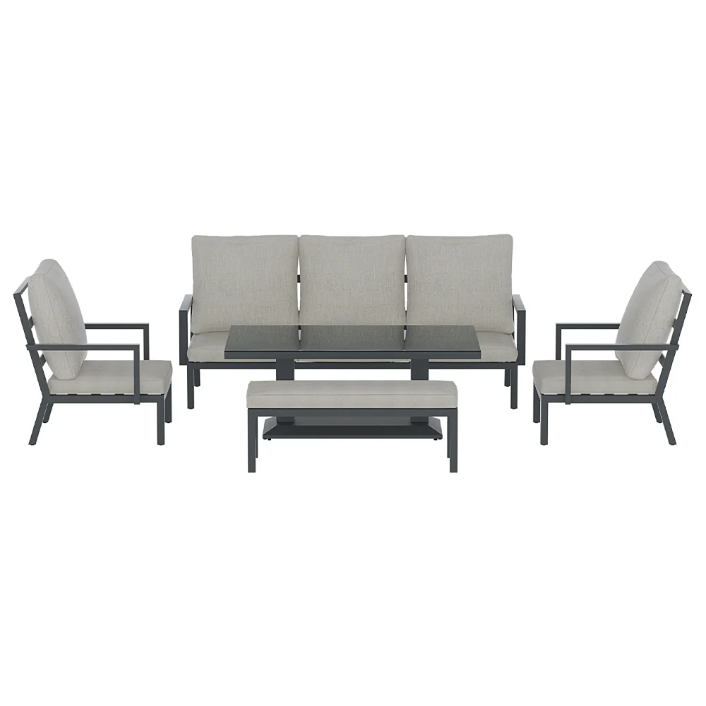 Arlo 7-Seater Lounge Set Garden Patio Aluminium Bench with Cushions 5-Piece Outdoor Sofa - Black - Nurns
