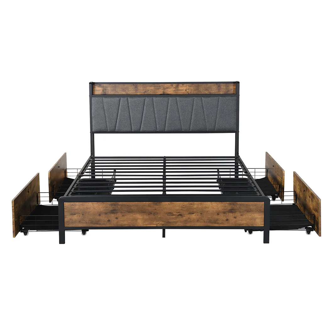 Eras Bed Frame Soft Storage Drawers Headboard USB Charge - Wood & Black Queen - Nurns