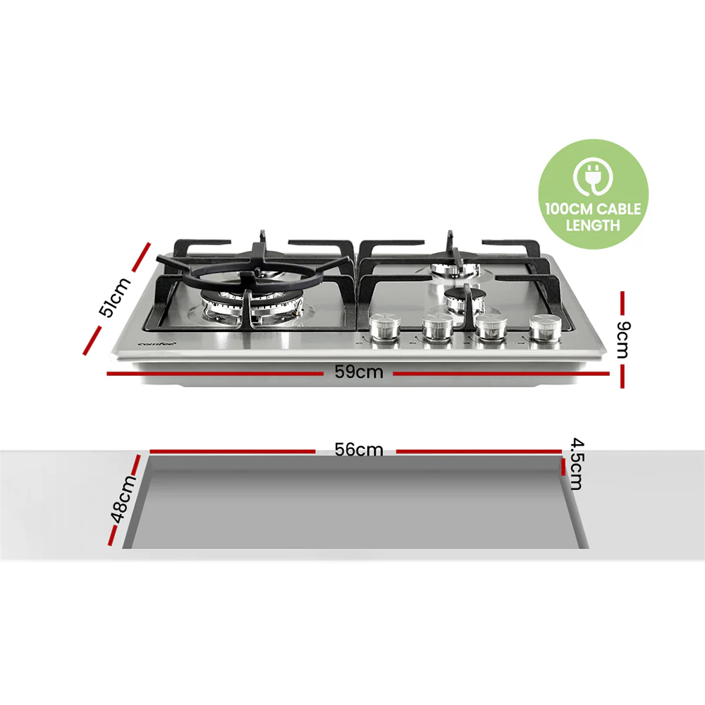 Comfee 60cm Gas Cooktop Stainless Steel 4 Burners Kitchen Stove Cook Top NG LPG - Nurns