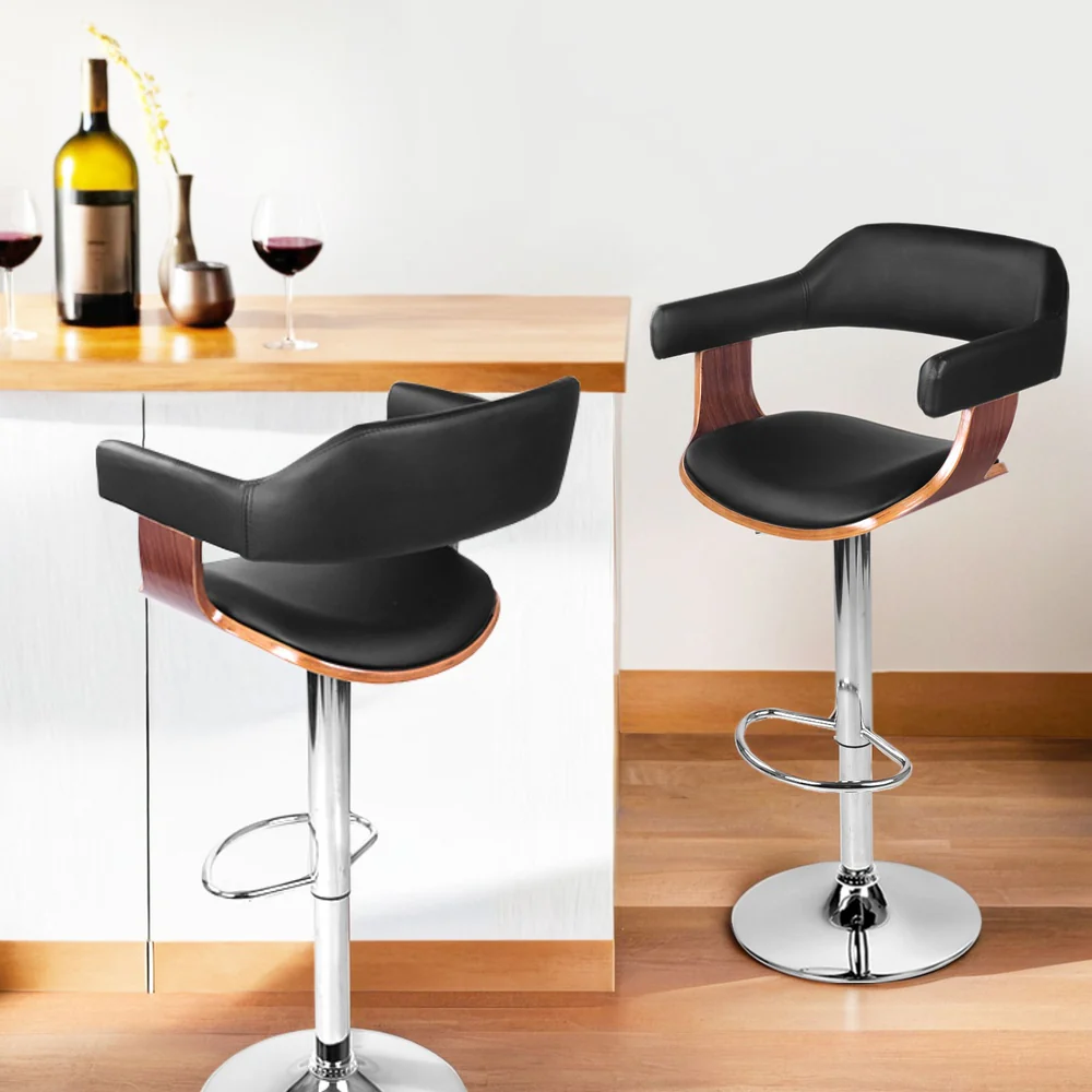 Set of 4 Chalcis Bar Stools Gas Lift Leather with Armrest - Black - Nurns