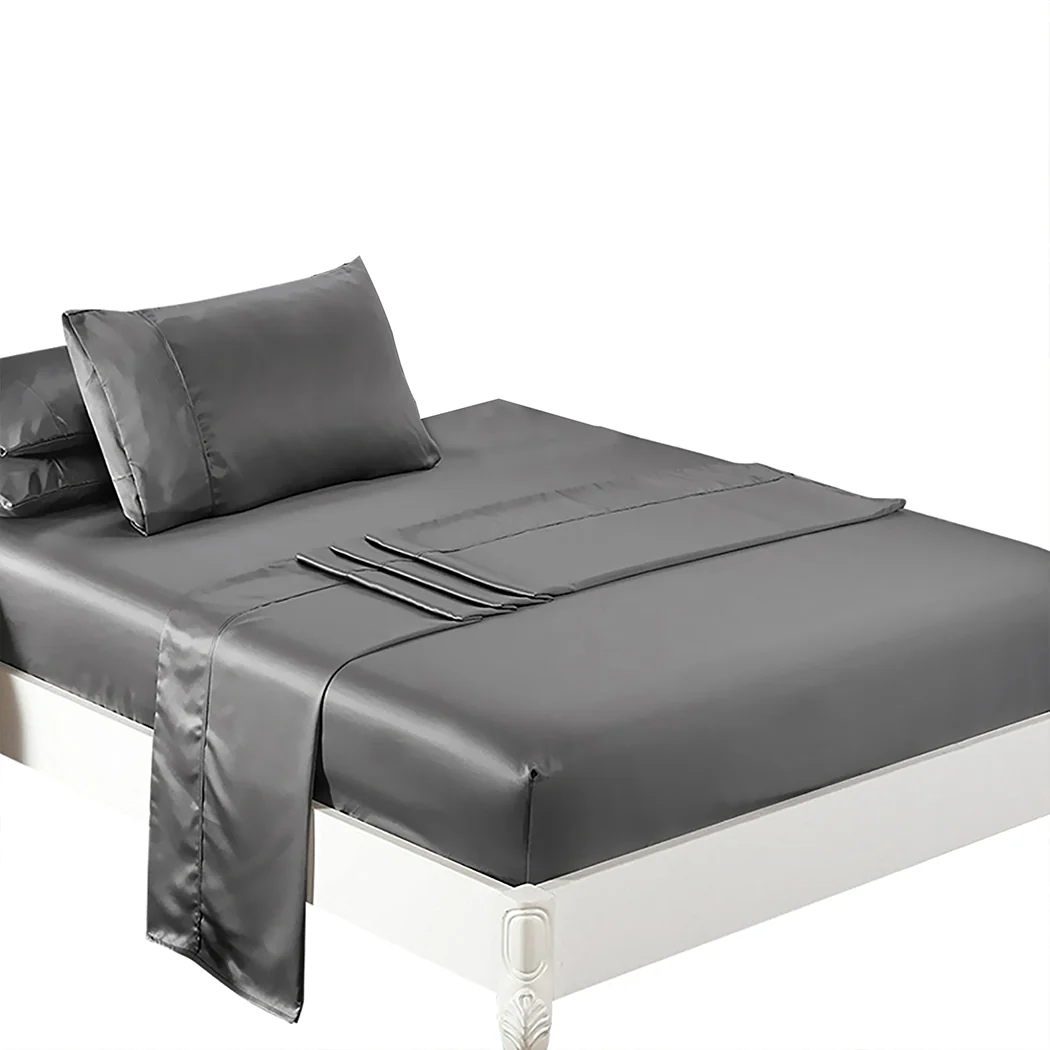Single Dreamz Silky Satin Sheets Fitted Flat Grey Dark Grey - Nurns