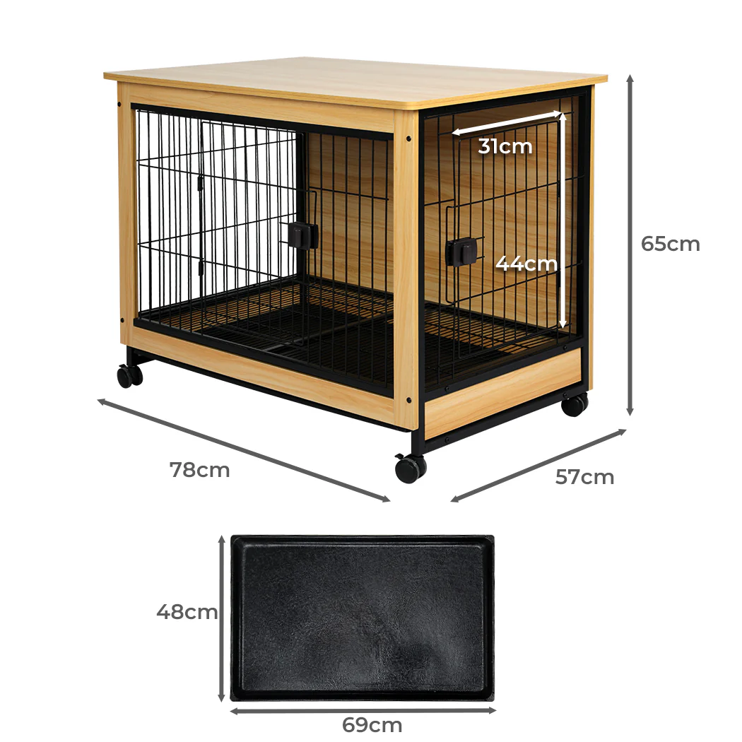 Wooden Wire Dog Kennel Side End Table Steel Puppy Crate Indoor Pet House - Wood Large - Nurns