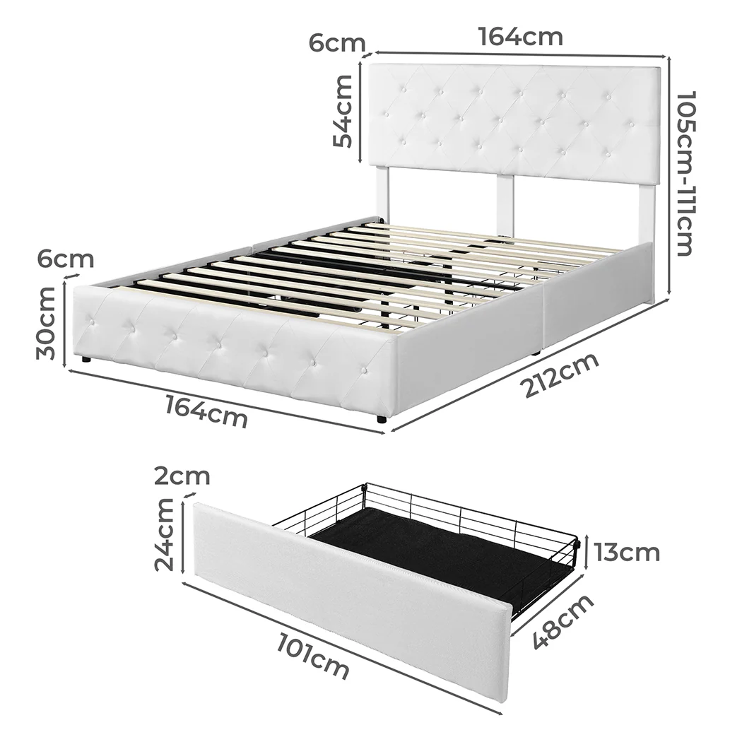 Emilia Bed Frame Tufted 4 Drawer - Cream Queen - Nurns